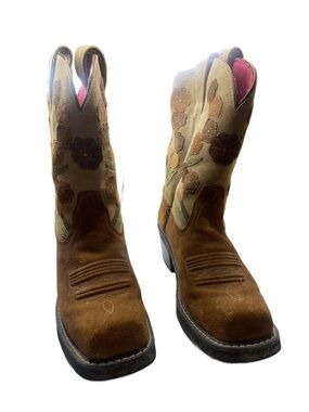 Ariat Women's Brown Suede Floral Embroidered Ankle Booties with Pink Lining
